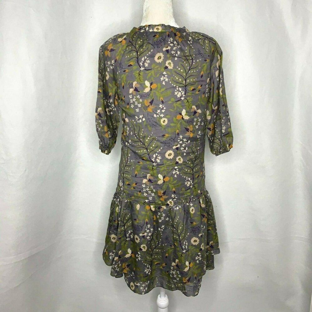 Gap Floral Shift Dress S Grey 3/4 Sleeves Tie Keyhole Neck Lined Tiered Ruffle - Picture 7 of 8